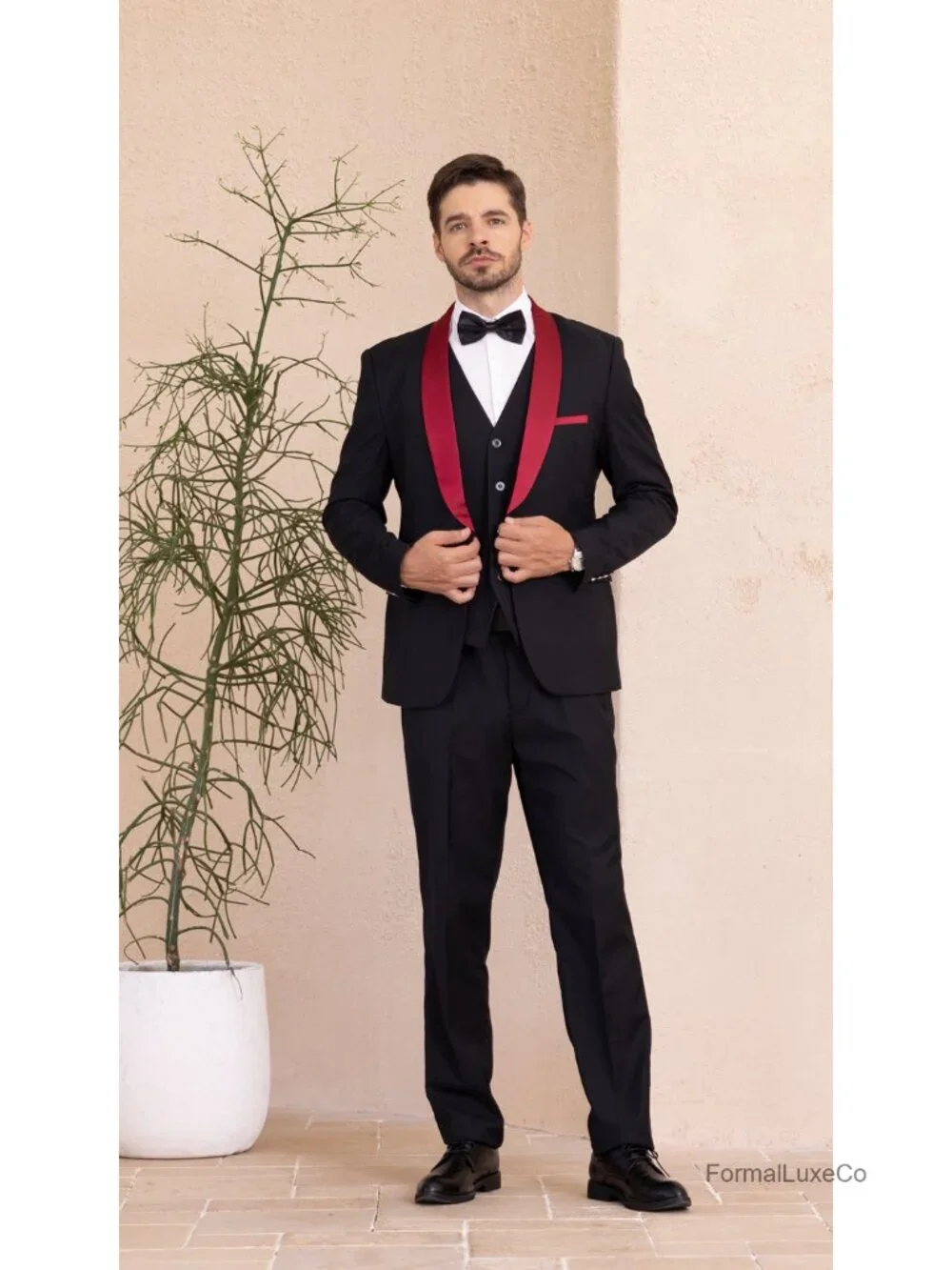 Men's 3 Piece Tuxedo Set Shawl Lapel Blazer Vest Pants Bow Tie